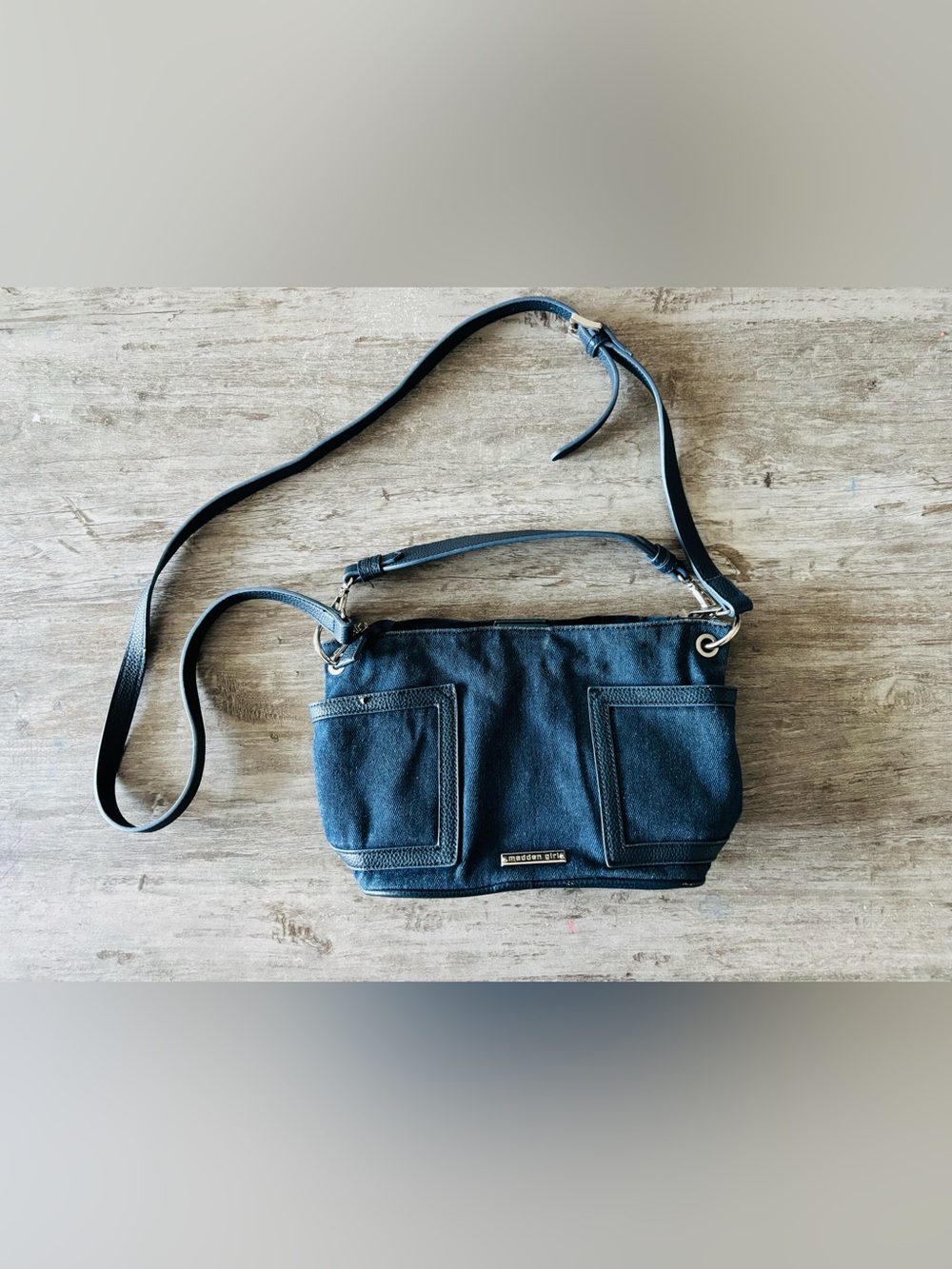 Madden Girl Handbag Blue Dark Denim Top Handle Pockets Mini Purse 90s Retro